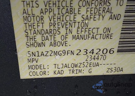 2015 Nissan Murano Sv from USA, damaged, VIN 5N1AZ2MG9FN234206